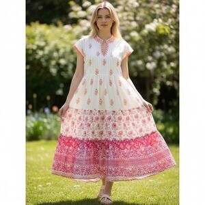 Sangria Block Print Embroidered Mirror Accent Tiered Midi Dress White‎ Pink L